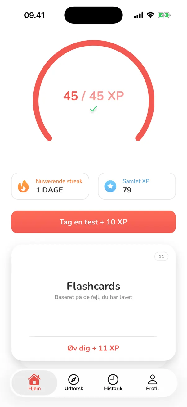 Nyborger-appens startskærm med dagens XP-mål, en testknap og flashcards